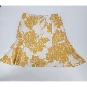 Ann Taylor Womens 12 White w/Yellow Flowers Linen Blend Lined Fit & Flare Skirt